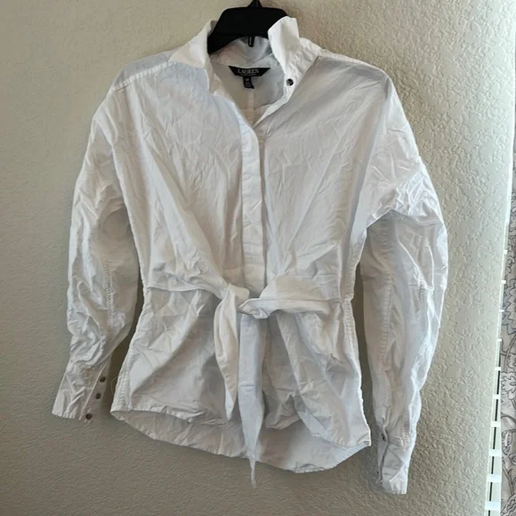 Lauren Ralph Lauren Cotton Puffed Long Sleeves Button Down Self-Tie Front Shirt - Picture 6 of 15